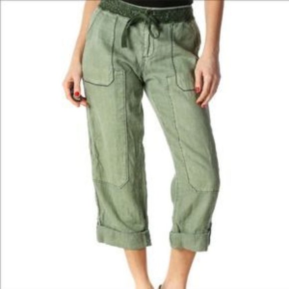 HEI HEI Petite 25P Washed Army Green Roll Cuff Crochet Pants 100% Linen Anthro - Picture 5 of 10